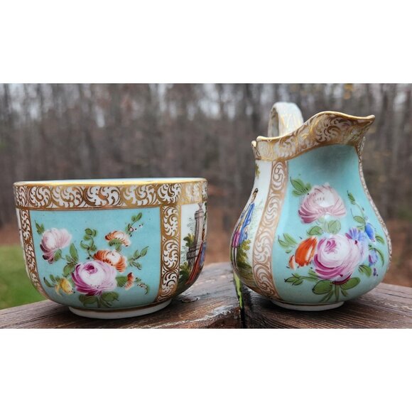 Dresden Germany Porcelain Floral Victorian Couple Sugar Bowl and Creamer Set - Picture 4 of 8